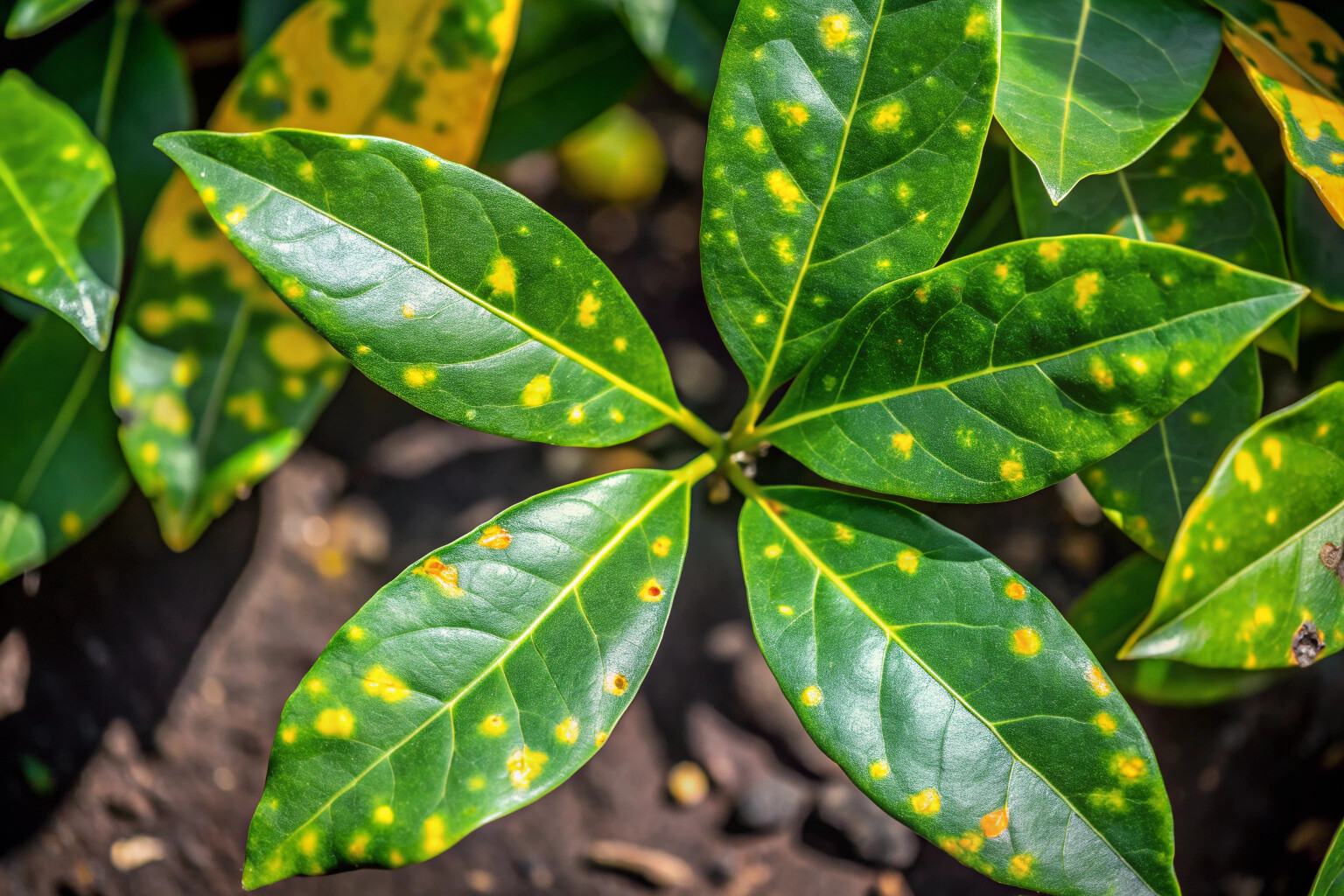 Détail d une feuille de laurier montrant des taches jaunes et des marques de parasites, entourée de feuilles saines vert foncé, dans un jardin ensoleillé avec un sol bien drainé