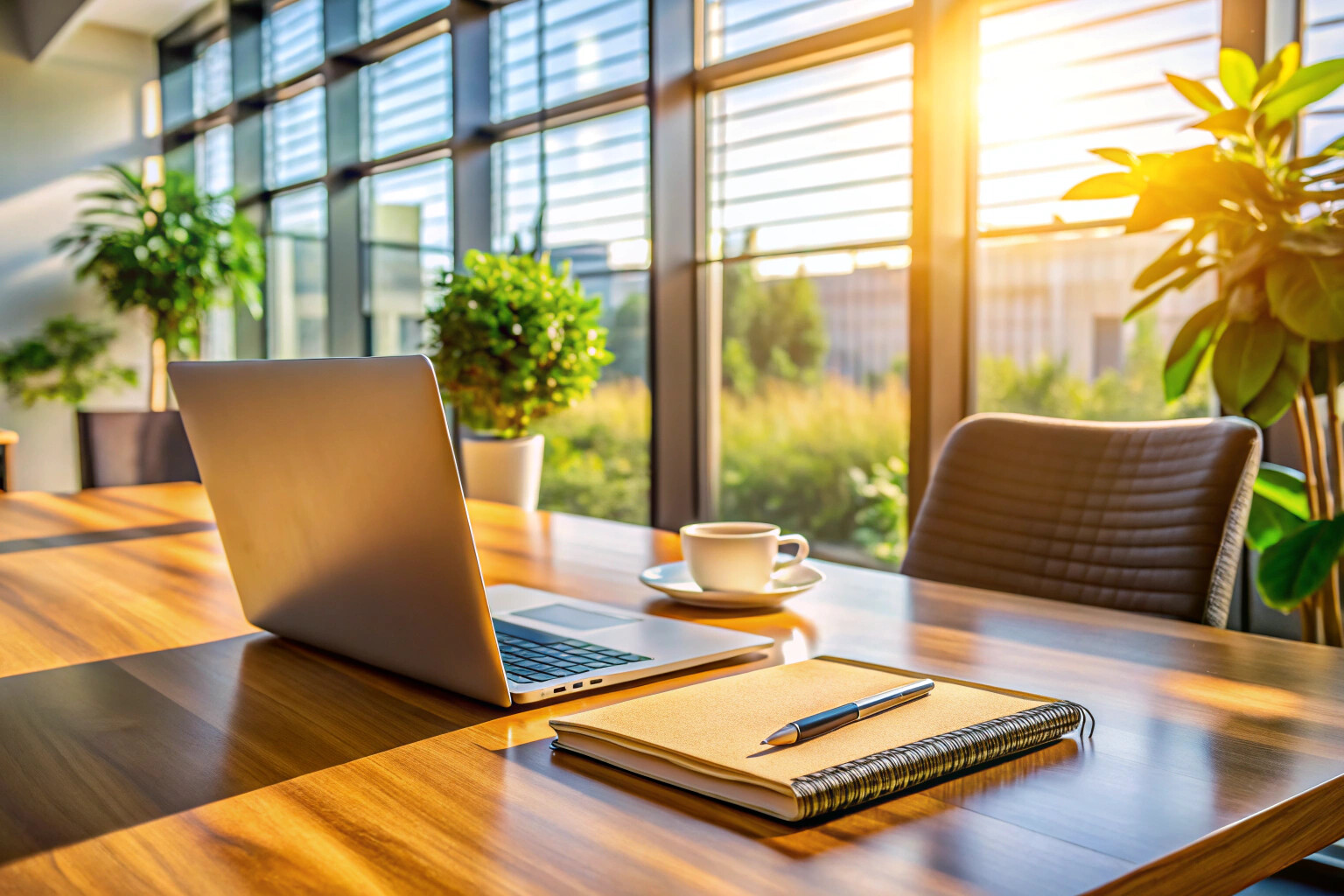 A modern and inviting office workspace with a laptop, a notebook, and a pen arranged neatly on a wooden desk, bathed in warm natural light from a nearby window, creating a calm and professional atmosphere ideal for productive discussions