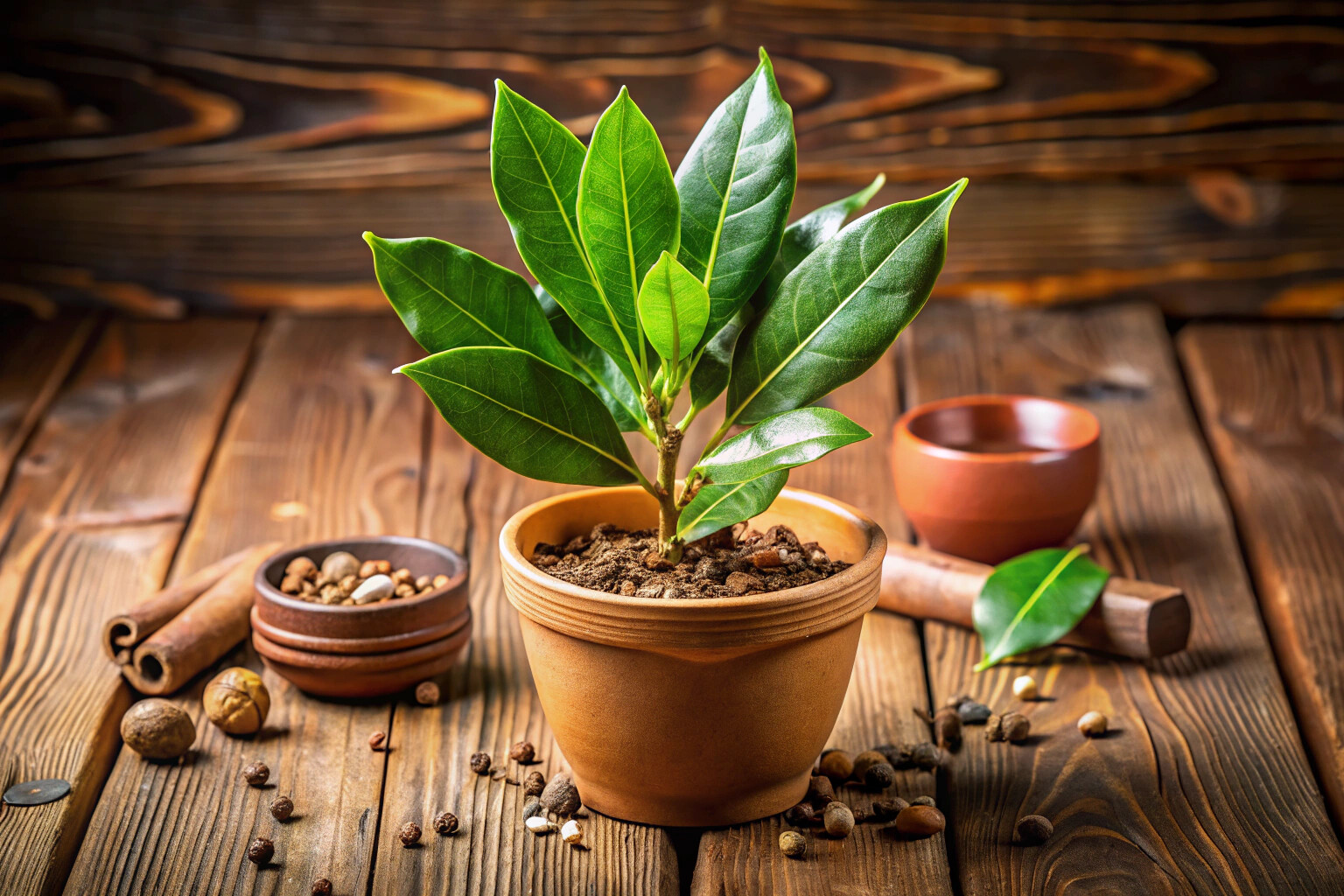 Un kit de culture de laurier avec un petit plant vert dans un pot en terre cuite, posé sur une table en bois naturel, entouré de feuilles de laurier fraîches et séchées éparpillées, le tout dans une ambiance chaleureuse et lumineuse