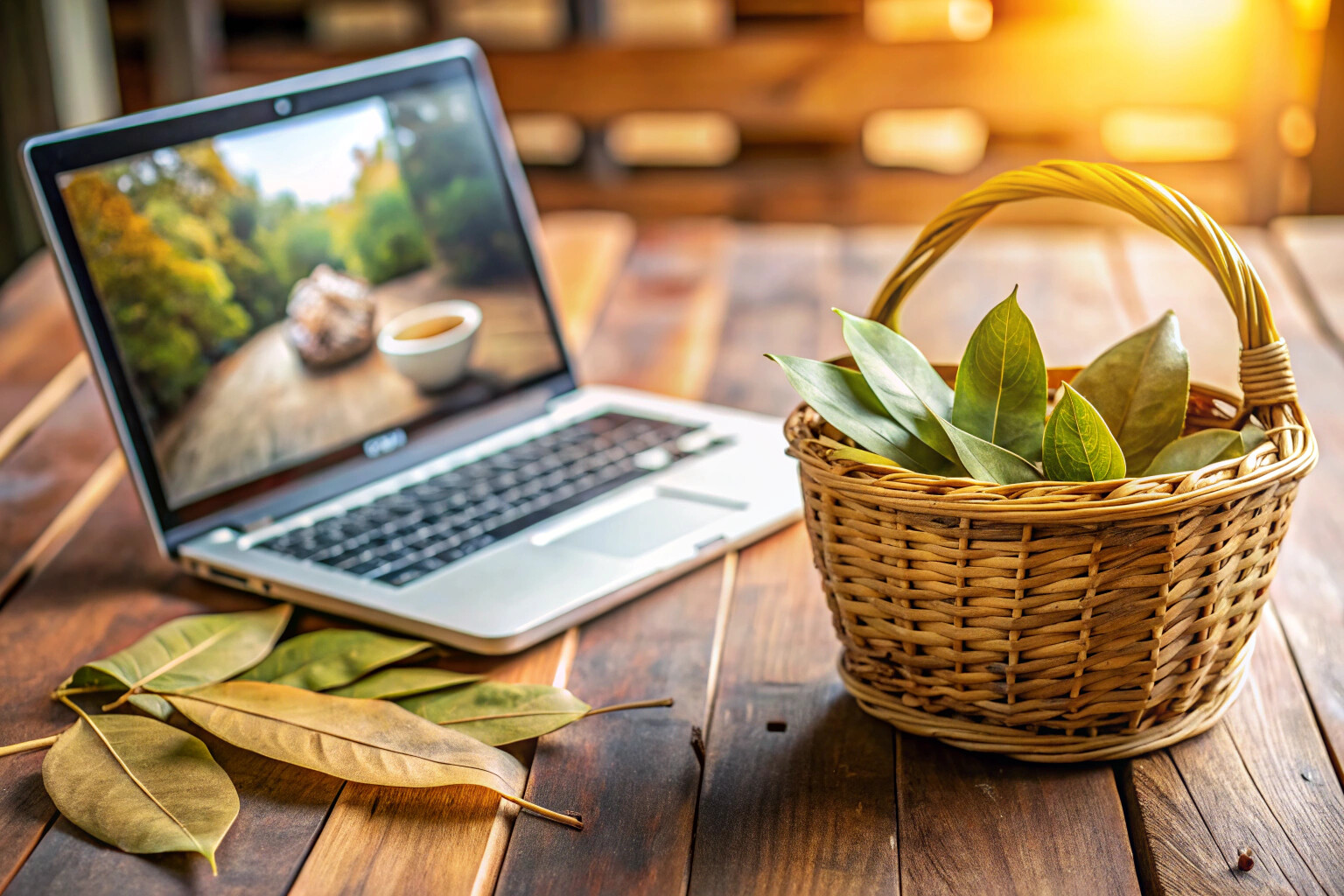 Close-up of a rustic wooden table with a pile of dried bay leaves next to a small woven basket and a laptop displaying a blurred e-commerce product page, soft natural light highlighting the textures