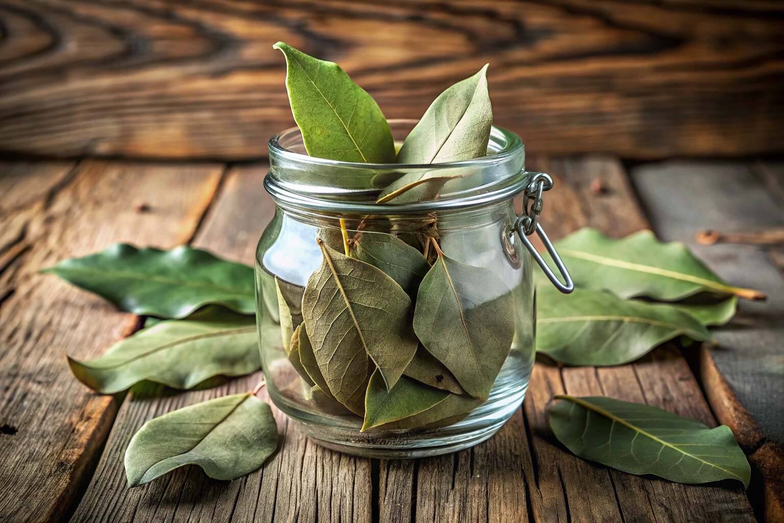 Close-up of dried bay leaves arranged neatly in a rustic glass jar with a wooden lid, placed on a weathered wooden table in soft natural light, showcasing their textured surface and deep green color without any text or branding.