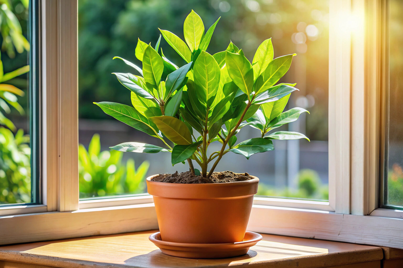 Un plant de laurier sain dans un pot en terre cuite, placé sur un rebord de fenêtre ensoleillé, avec des feuilles vertes lustrées et un sol bien drainé